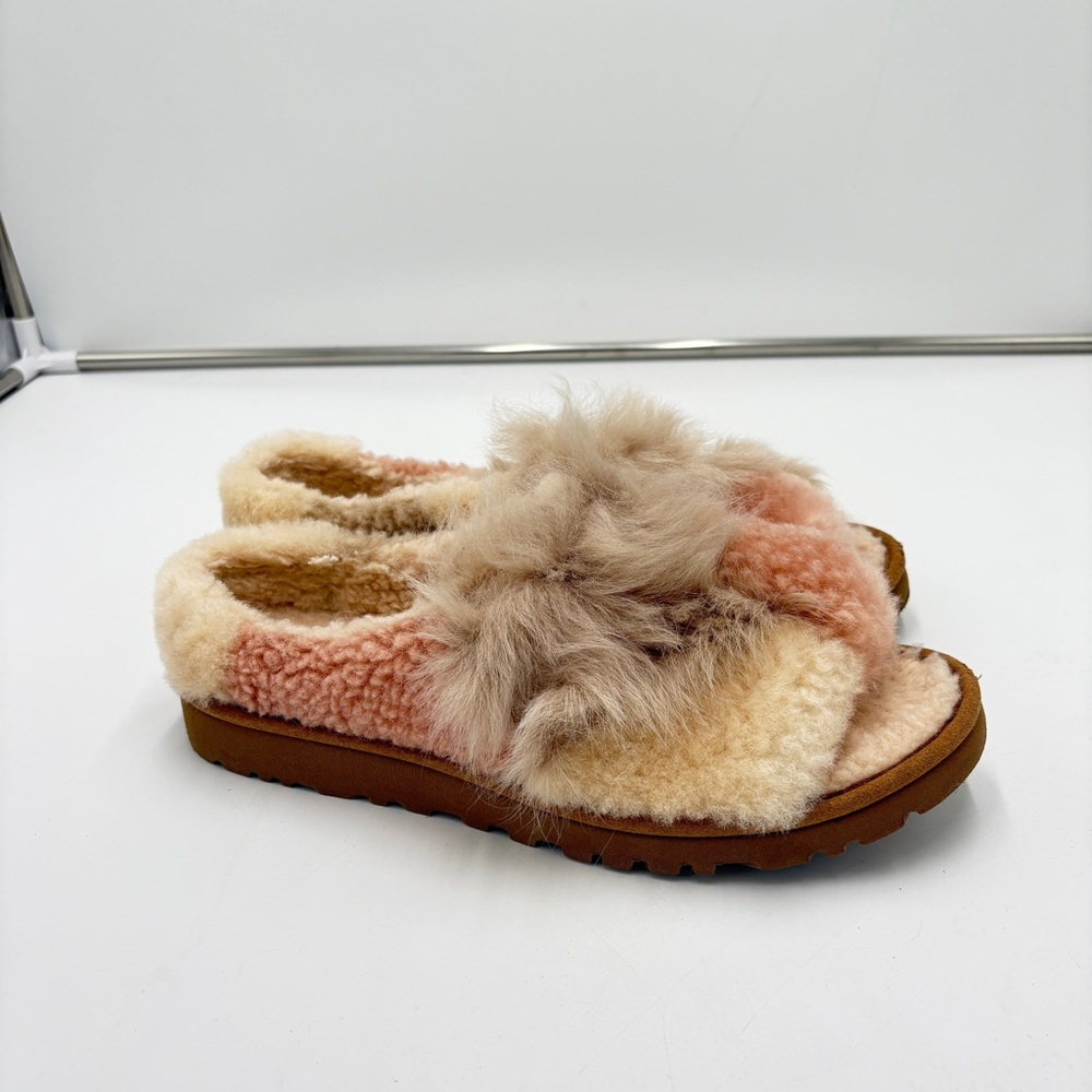 Ugg Patchwork Fluff Pink Slide Slippers Shearling Comfort Cozy Women’s Size 9